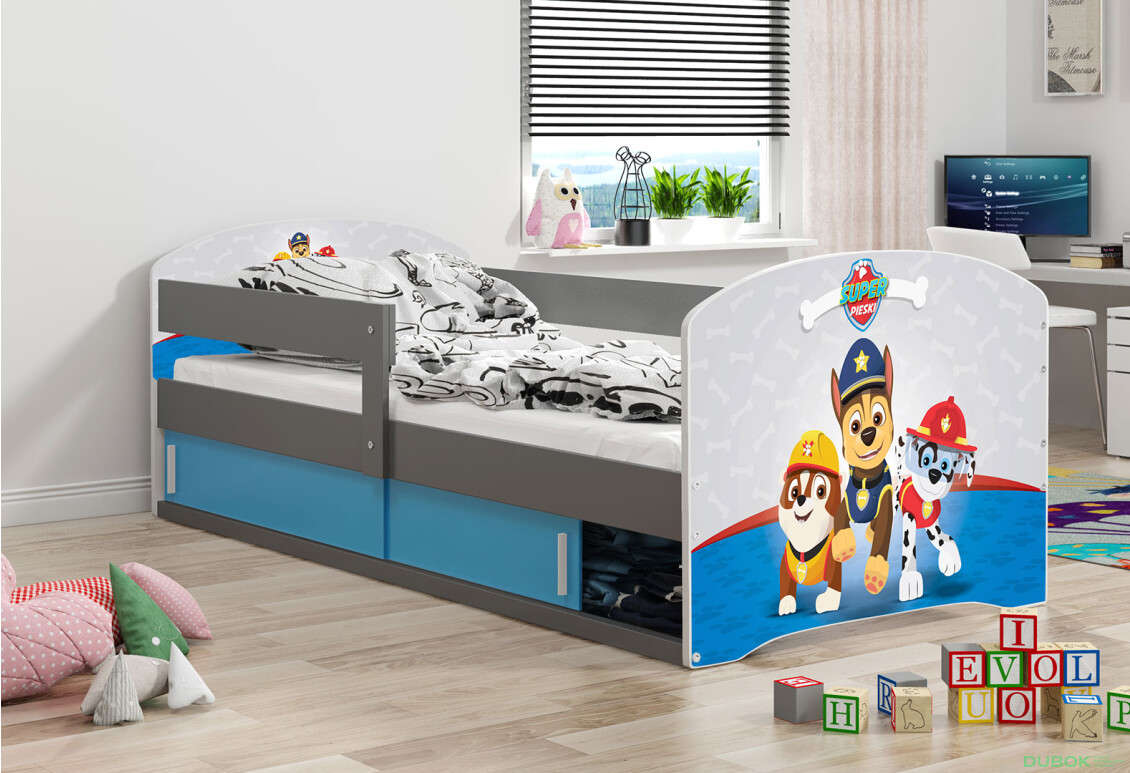 Postel Luki 1 grafit Tlapková patrola 80x160 cm s roštem, matrací