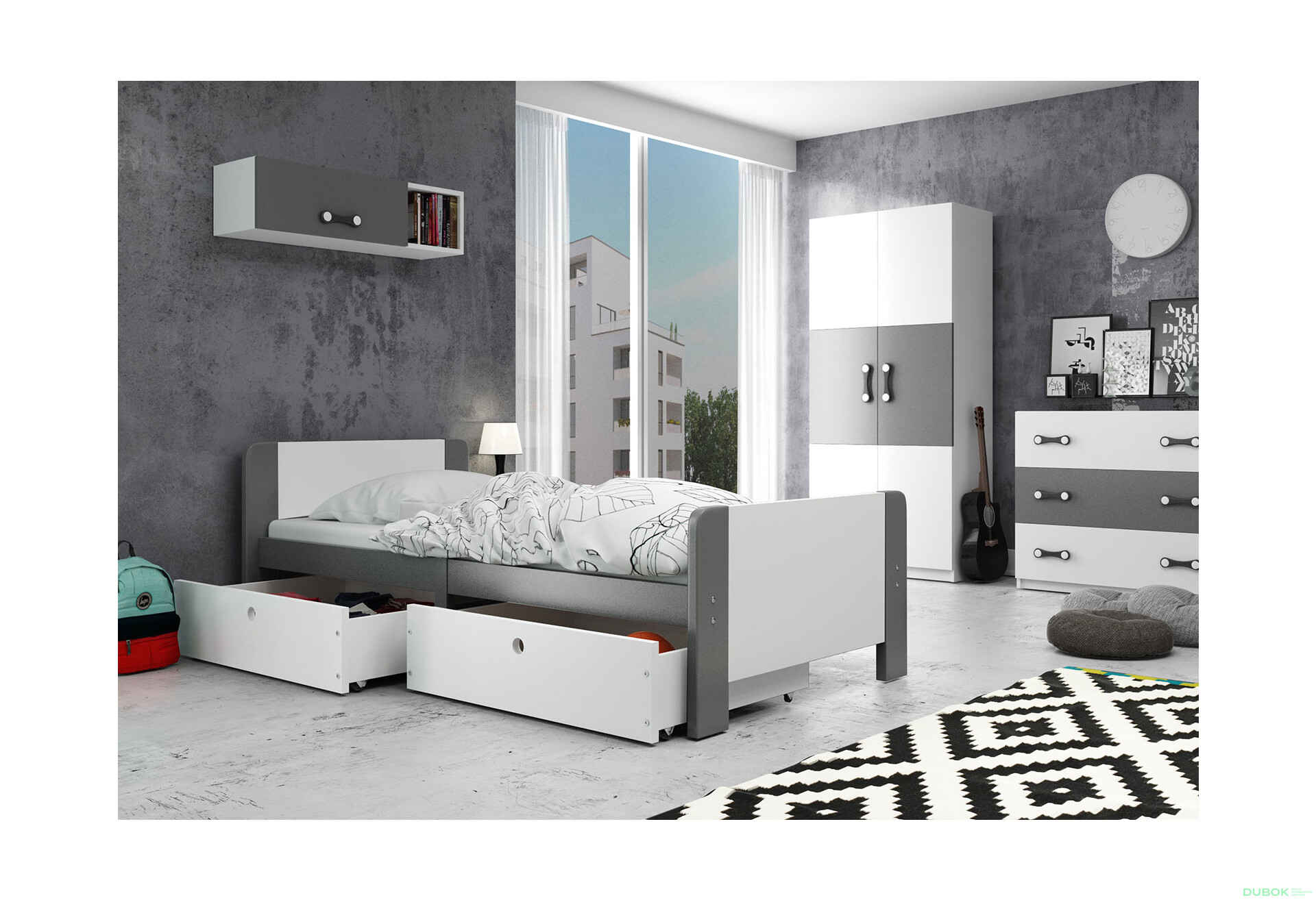 Fotografie 2 - Postel Arek grafit / bílý + zásuvka 80x200 cm s roštem, matrací