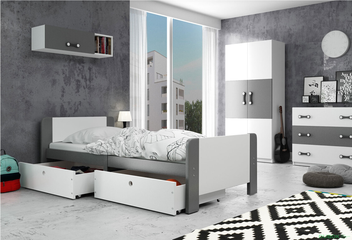 Postel Arek grafit / bílý + zásuvka 80x200 cm s roštem, matrací - Fotografie 2 Fotografie 2 - Postel Arek grafit / bílý + zásuvka 80x200 cm s roštem, matrací
