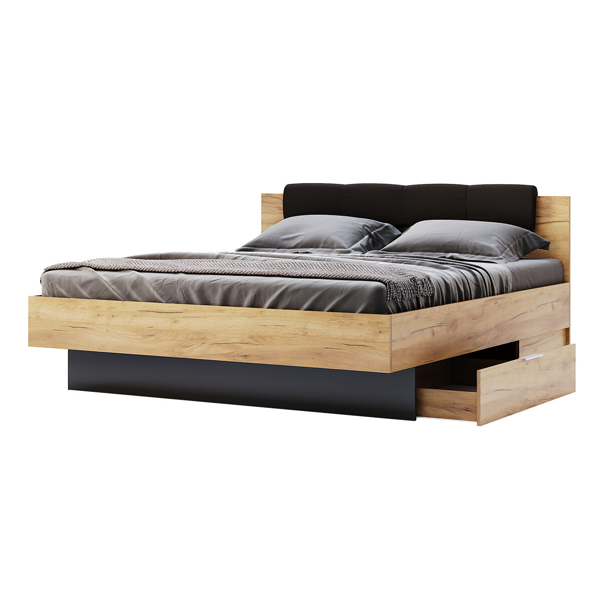 

Postel 160x200, čalouněné čelo se šuplíky (bez rámu) Lava / dub kraft Luna