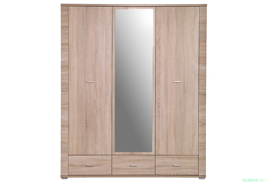 Skříň třídveřová se zrcadlem a zásuvkami Gress 160x192x55 cm Dub sonoma