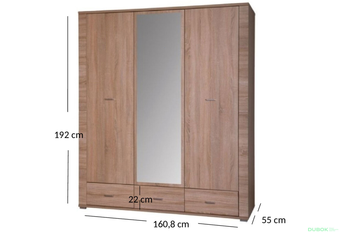 Fotografie 2 - Skříň třídveřová se zrcadlem a zásuvkami Gress 160x192x55 cm Dub sonoma
