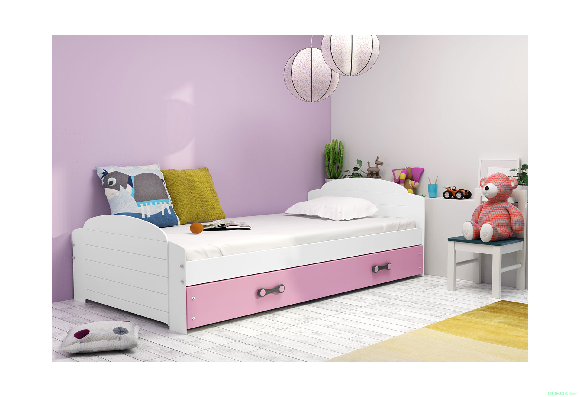 Fotografie 5 - Dvoulůžko Lili bílé, zásuvka růžový + přistýlka 90x200 cm s roštem, 2 matracemi
