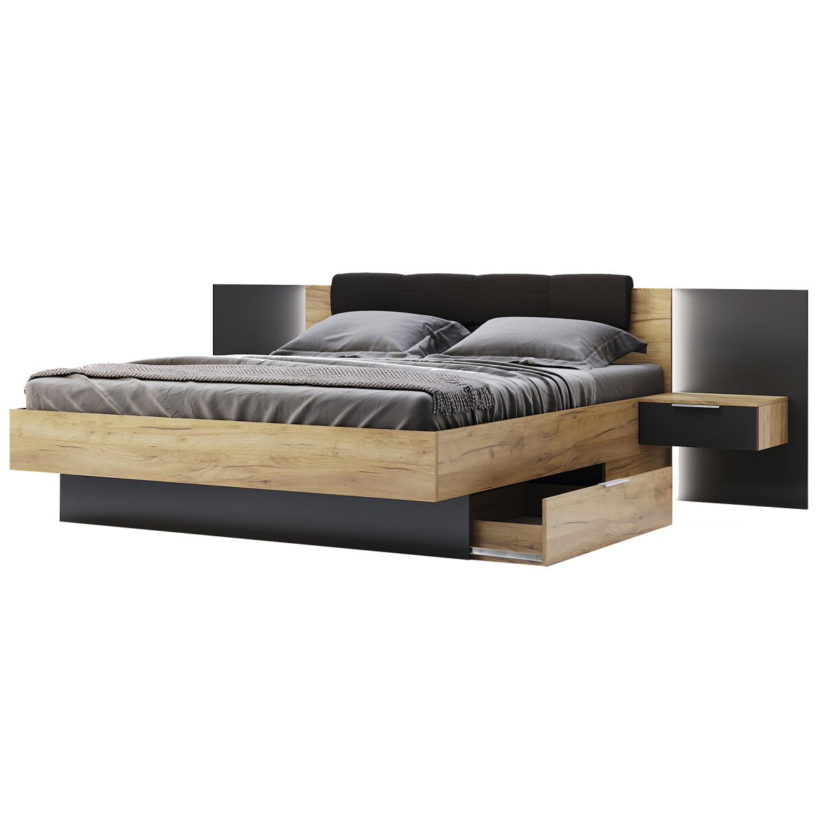 

Sada Postel 180x200, měkké čelo, s nočními stolky (bez rámu) Lava / dub kraft Luna