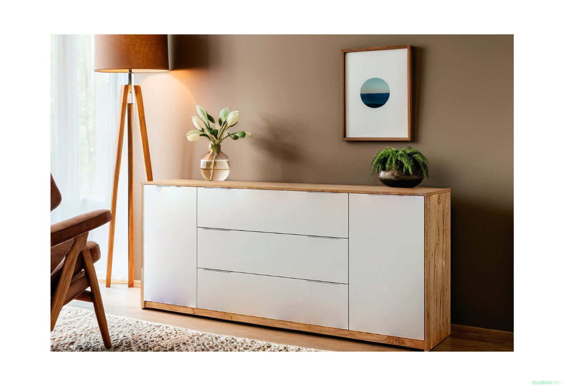 Komoda 2 dveře 3 zásuvky 200 cm dub kraft / bílá Asti - Fotografie 2 Fotografie 2 - Komoda 2 dveře 3 zásuvky 200 cm dub kraft / bílá Asti