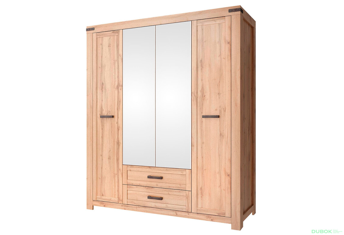Skříň čtyřdveřová se zrcadlem a zásuvkami Mortiz 177x210x59.8 cm Dub wotan