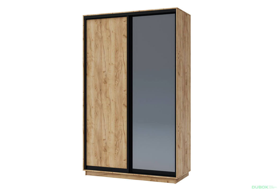 Skříň 150x240x60 dub kraft zlatý, 1 dřevotříska+1 grafitové zrcadlo, matně černý profil