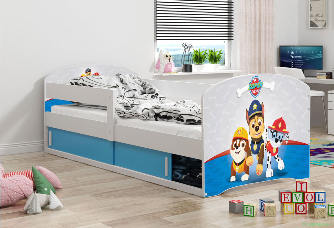 Fotografie 2 - Postel Luki 1 bílé Tlapková patrola 80x160 cm s roštem, matrací