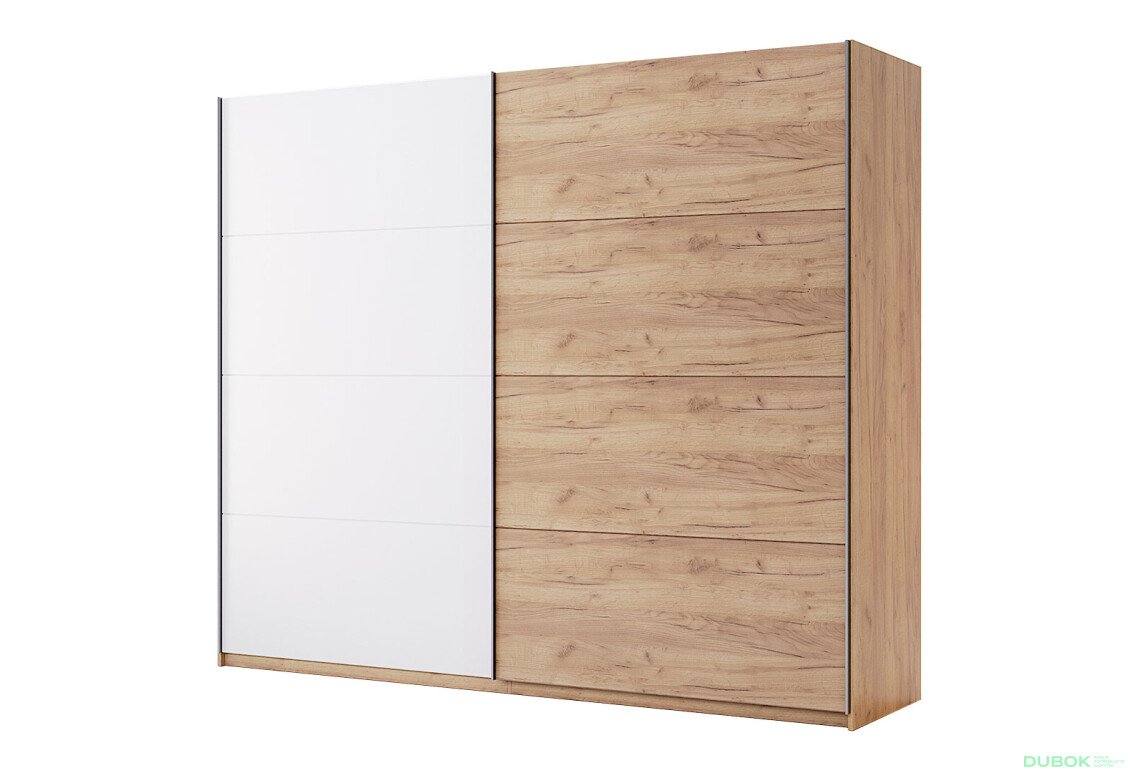 Skříň s posuvnými dveřmi 2,5x2,1m (Dveře Dub Kraft/Lesklá Bílá) série N Asti - Fotografie 1 Fotografie 1 - Skříň s posuvnými dveřmi 2,5x2,1m (Dveře Dub Kraft/Lesklá Bílá) série N Asti