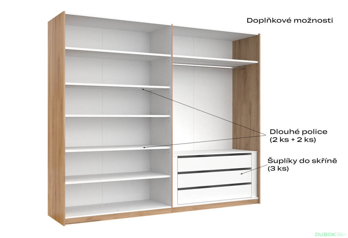 Skříň s posuvnými dveřmi 2,5x2,1m (Dveře Dub Kraft/Lesklá Bílá) série N Asti - Fotografie 3 Fotografie 3 - Skříň s posuvnými dveřmi 2,5x2,1m (Dveře Dub Kraft/Lesklá Bílá) série N Asti