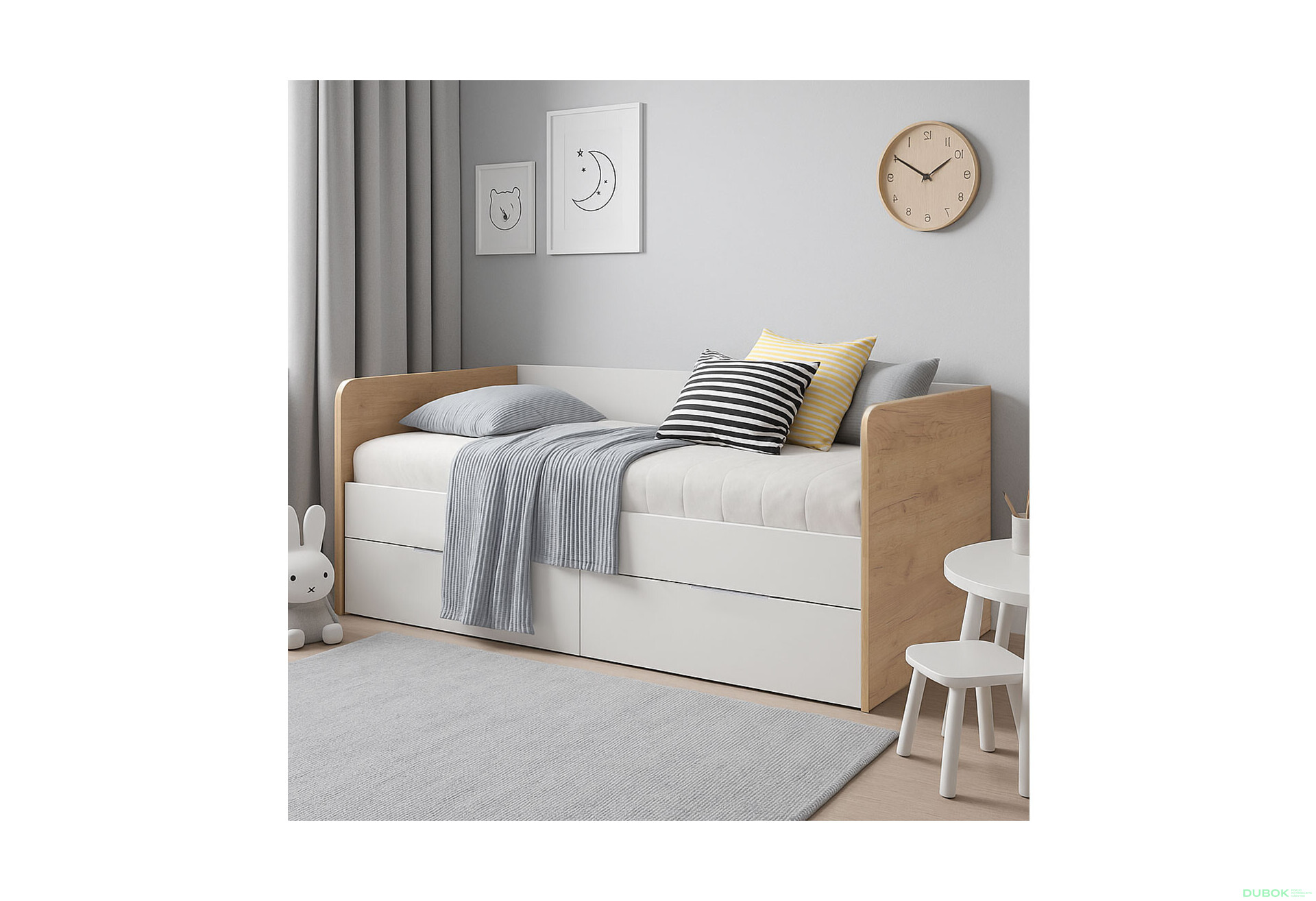 Fotografie 2 - Postel Junior 0,9x2,0 s rámem, lesklá bílá / dub kraft Asti