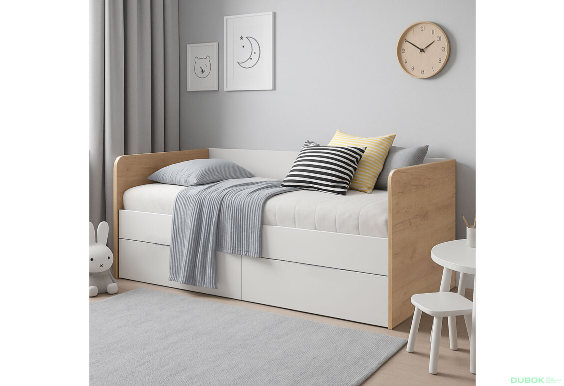 Fotografie 2 - Postel Junior 0,9x2,0 s rámem, lesklá bílá / dub kraft Asti