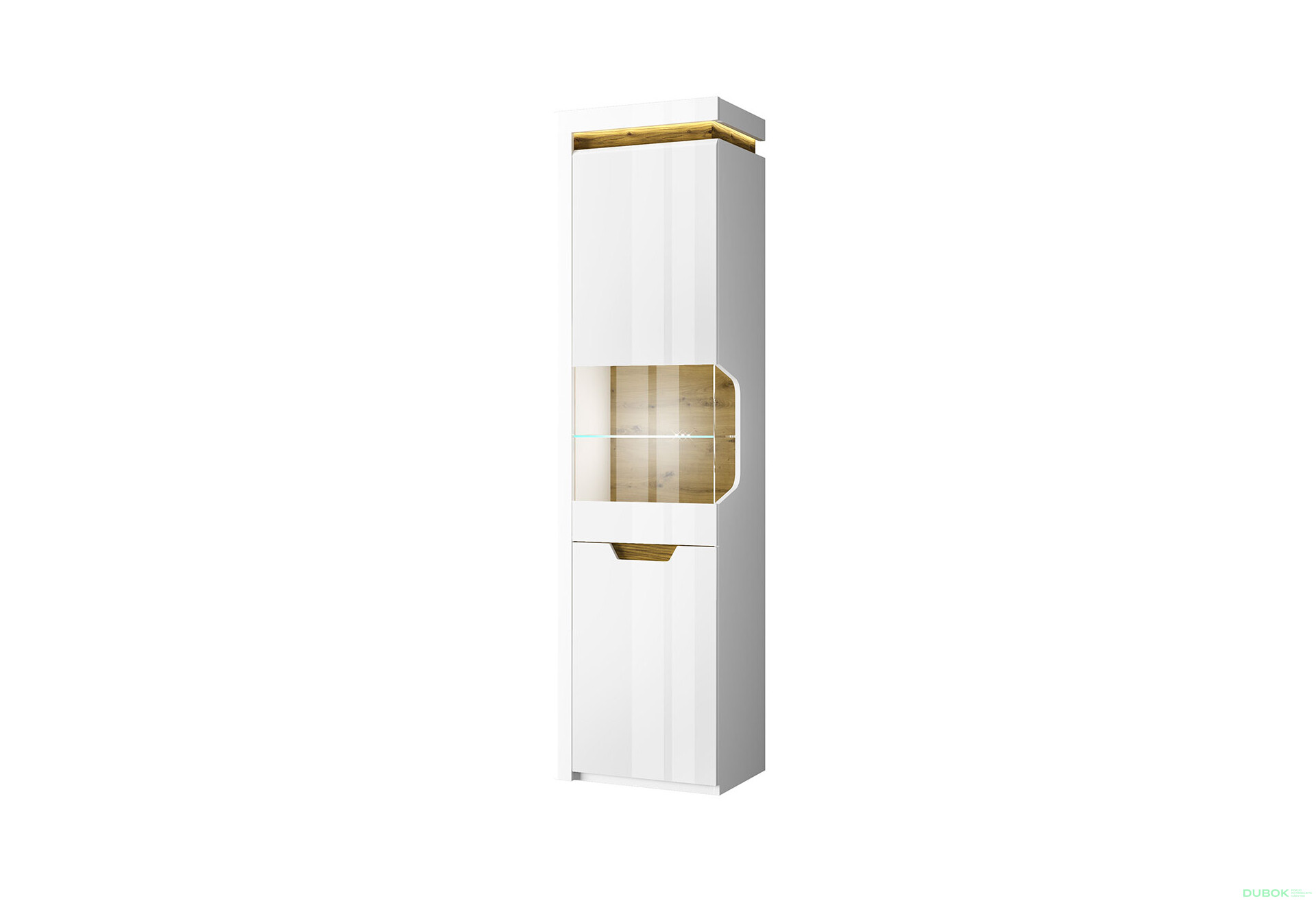 Vitrína 1d1w levá bílý lesk / dub navarra Torino - Fotografie 1 Fotografie 1 - Vitrína 1d1w levá bílý lesk / dub navarra Torino