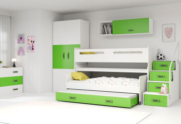 Patrová postel Max 1 pro tři osoby bílé / zelený 80x200 cm s roštem, matrací
