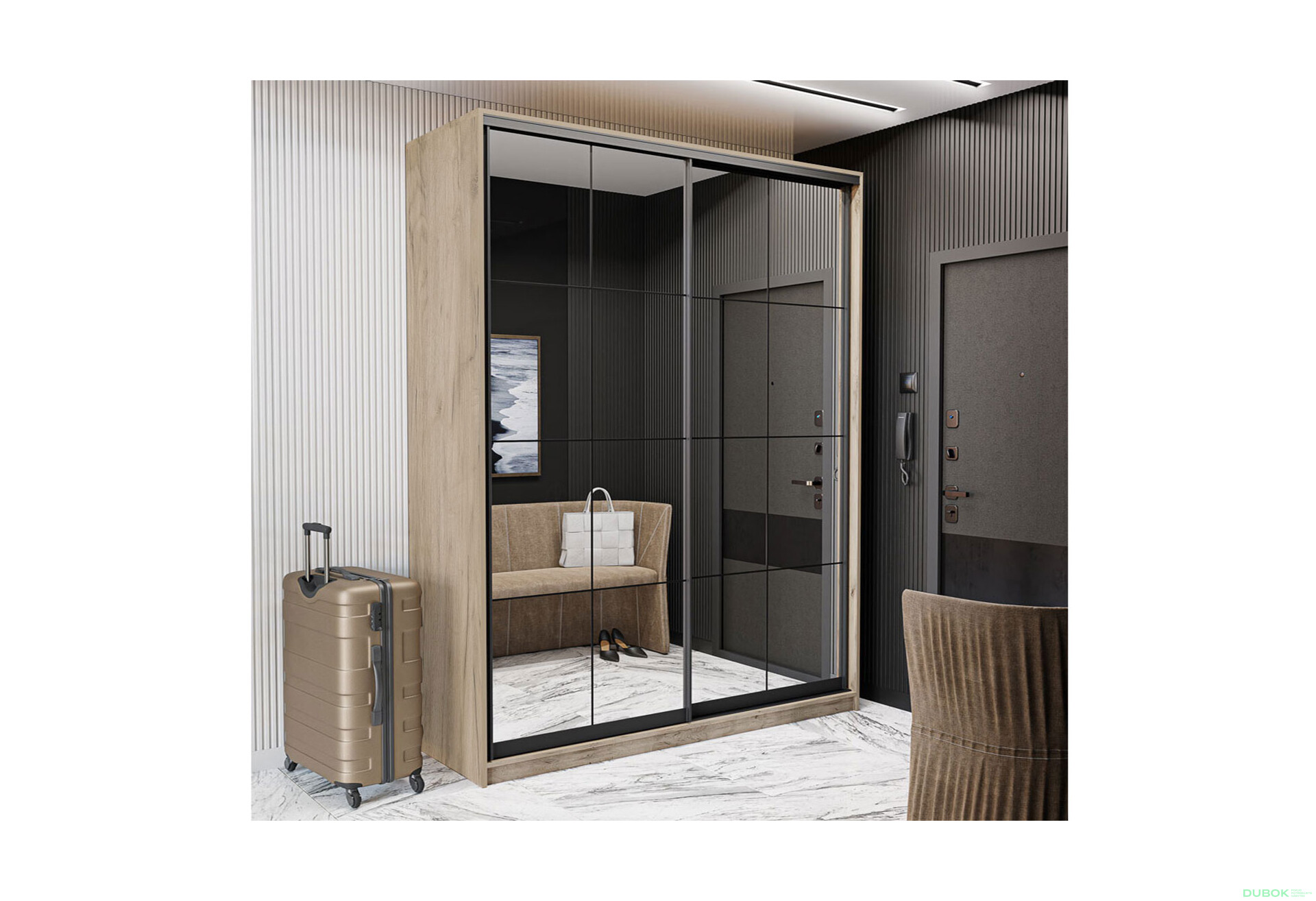 Fotografie 3 - Skříň s posuvnými dveřmi 2 zrcadla 150x240x60 cm Loft Lines BL Dub kraft šedý