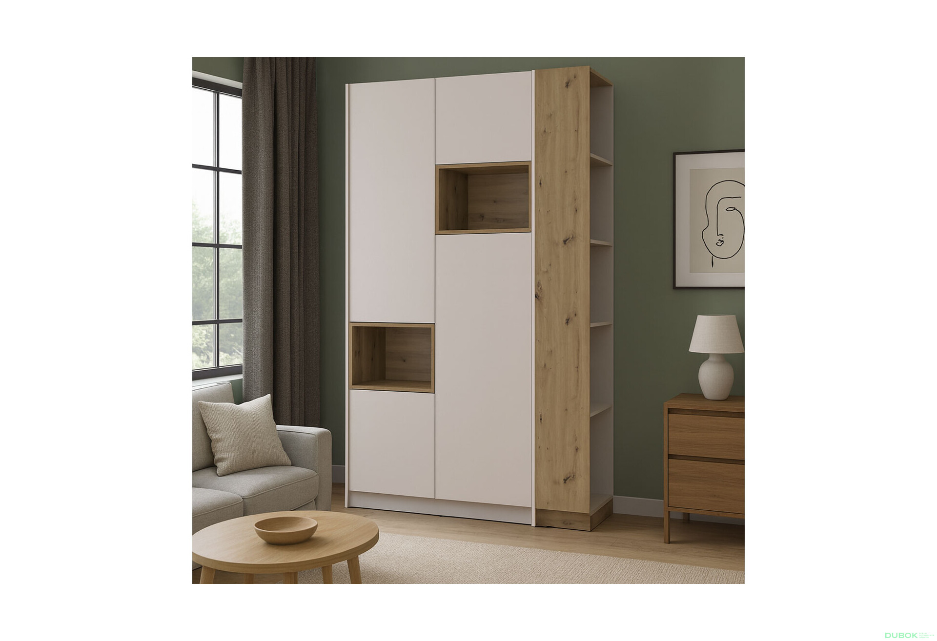 Fotografie 2 - Skříň s výklenkem Dale 2d + otevřený regál 167 cm, kašmír / dub artisan / kašmír