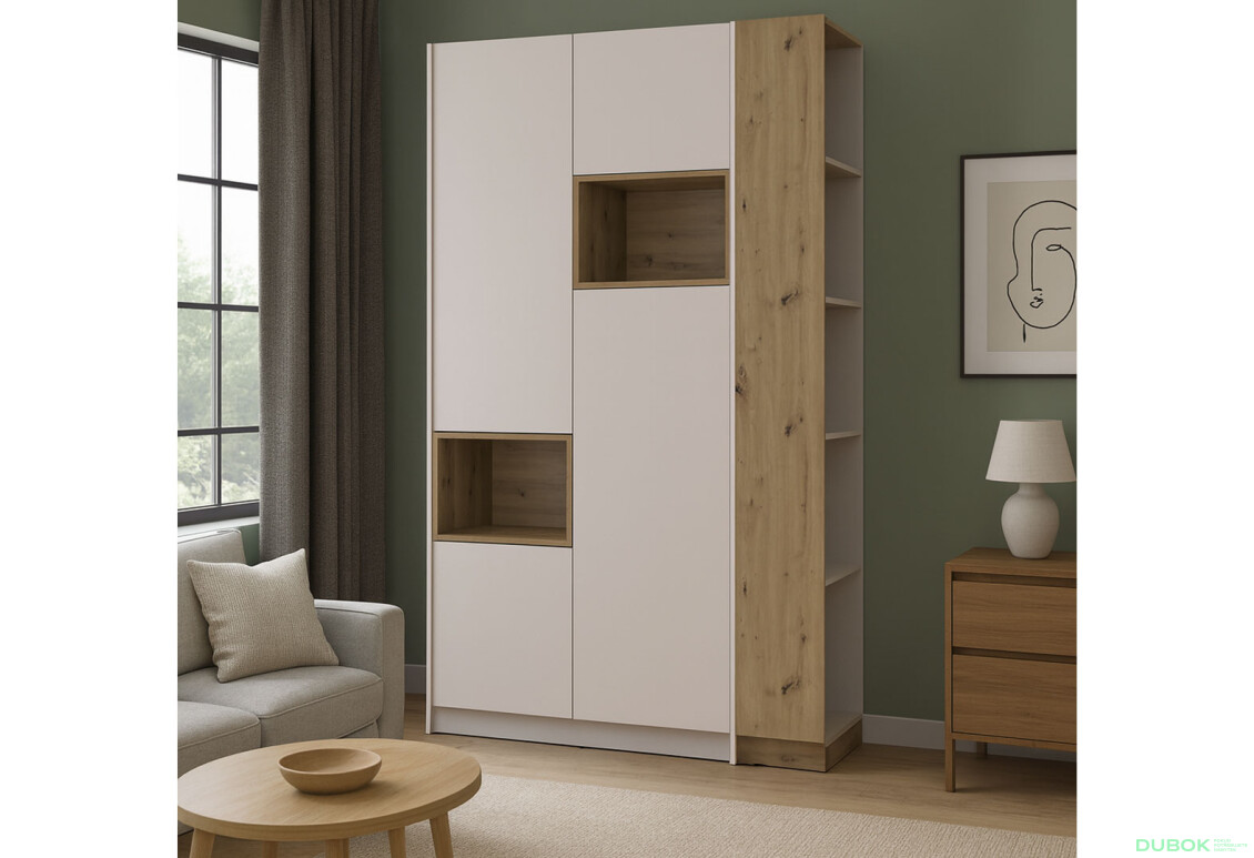 Fotografie 2 - Skříň s výklenkem Dale 2d + otevřený regál 167 cm, kašmír / dub artisan / kašmír