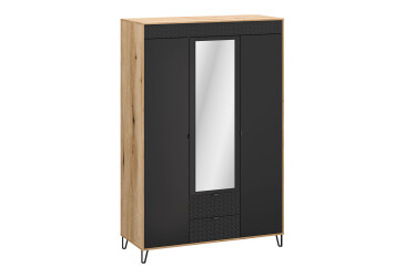 Skříň třídveřová se zrcadlem a zásuvkami Bellano 145x200x56 cm Dub evoke / Černá