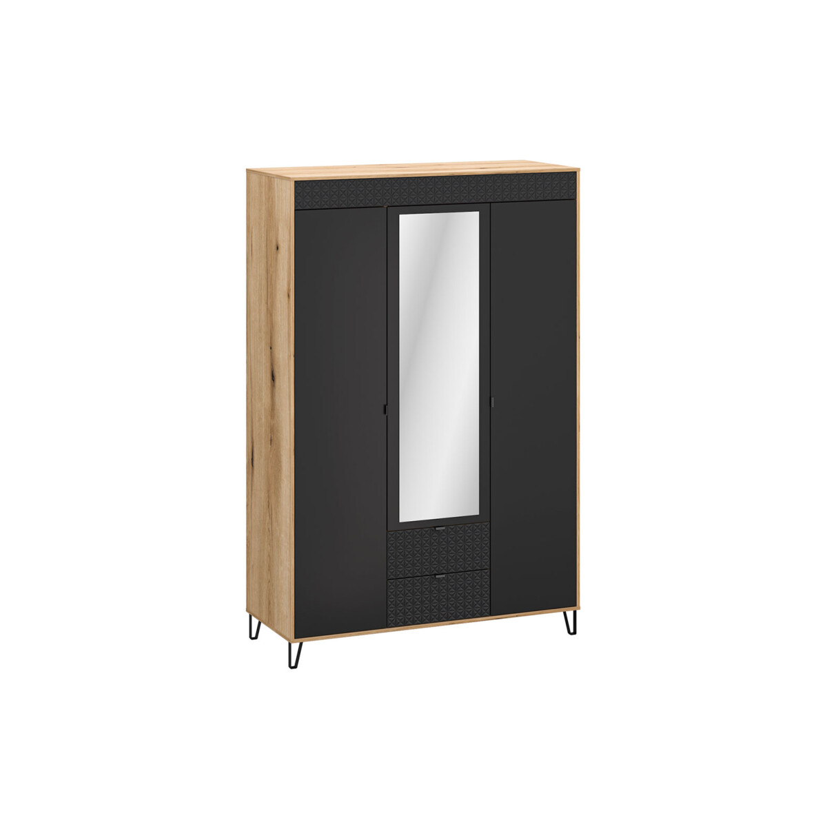 

Skříň třídveřová se zrcadlem a zásuvkami Bellano 145x200x56 cm Dub evoke / Černá
