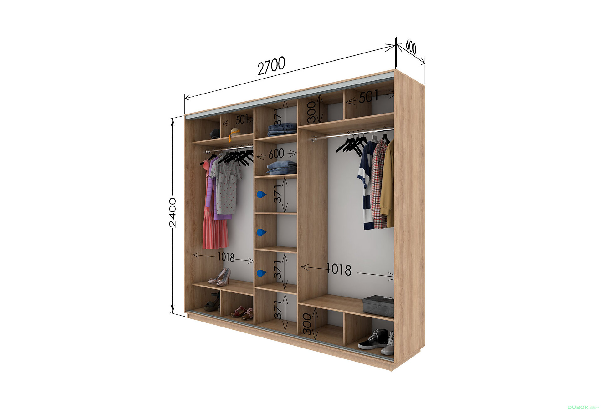 Fotografie 3 - Skříň s posuvnými dveřmi 2200x2700x600 2LTD 1 zrcadlo Dub Sonoma, profil stříbrný