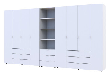 Skříň osmidveřová s regálem se zásuvkami Gelar 370 cm bílý