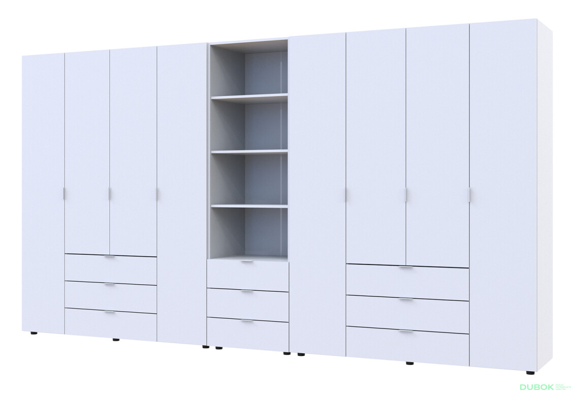 Skříň osmidveřová s regálem se zásuvkami Gelar 370 cm bílý