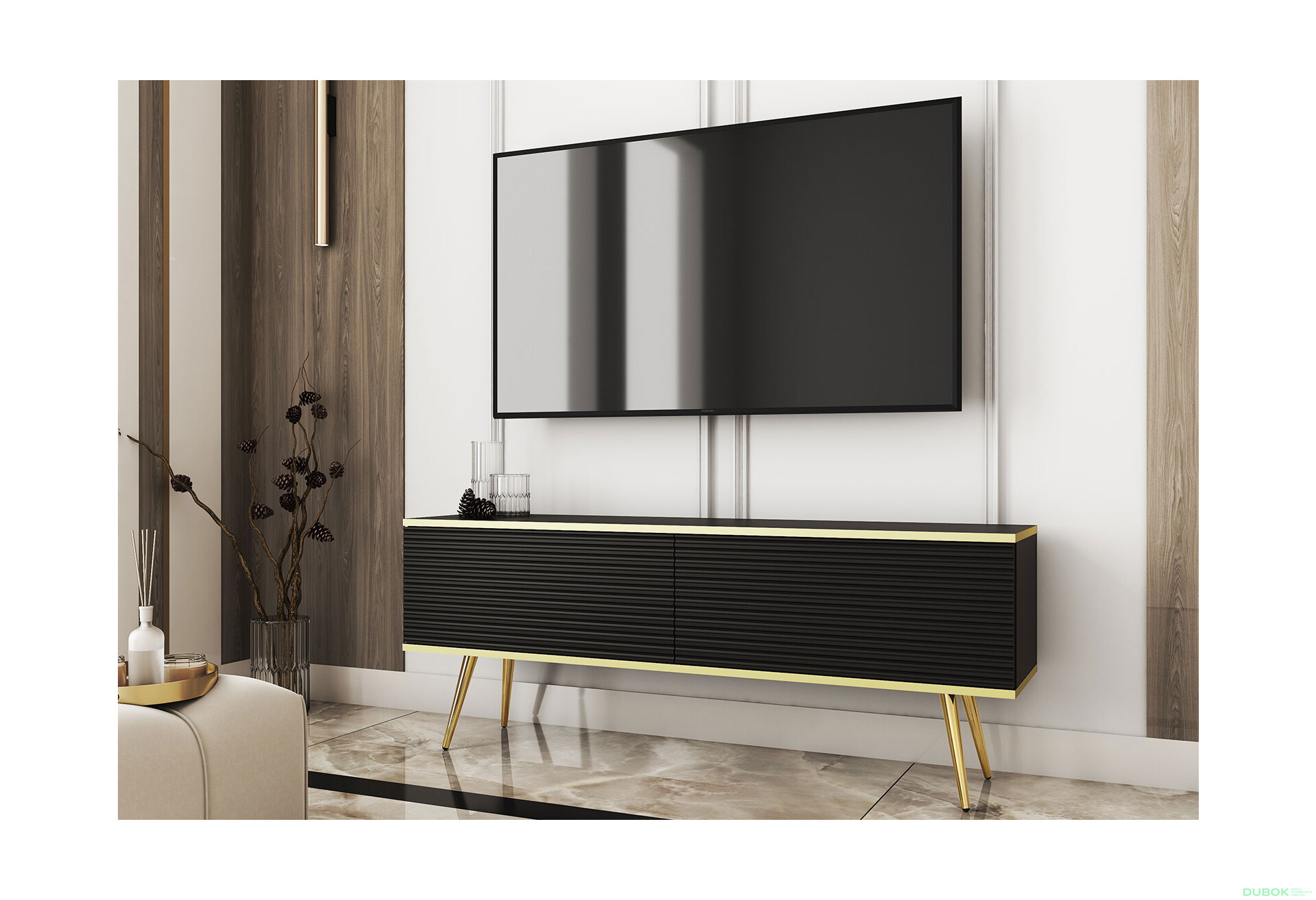 Fotografie 2 - TV stolek RTV 135 MDF černý, zlaté nohy Oro