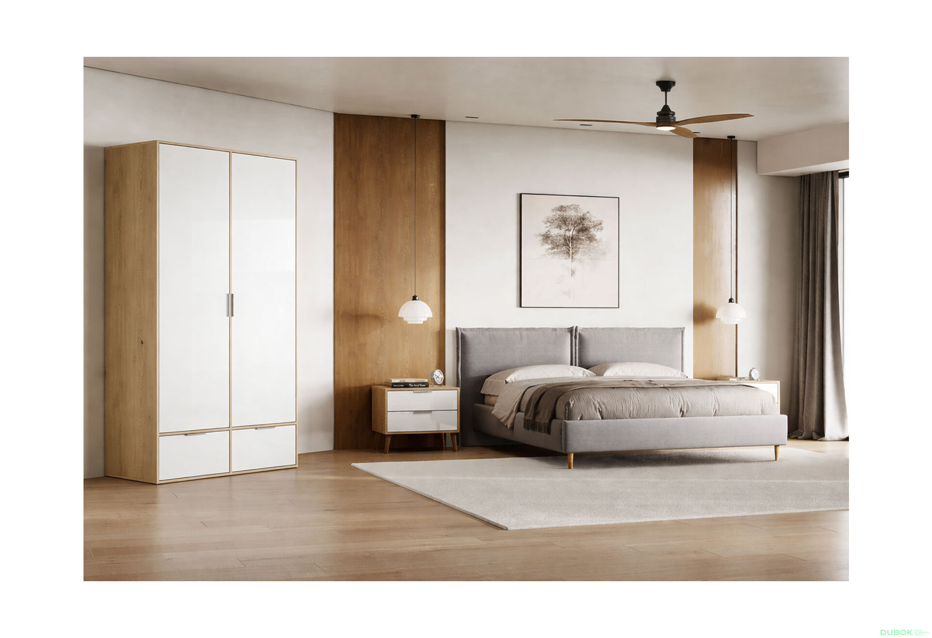 Fotografie 2 - Skříň 2dc 2šx bez zrcadel lesklá bílá / dub cremona Olivia