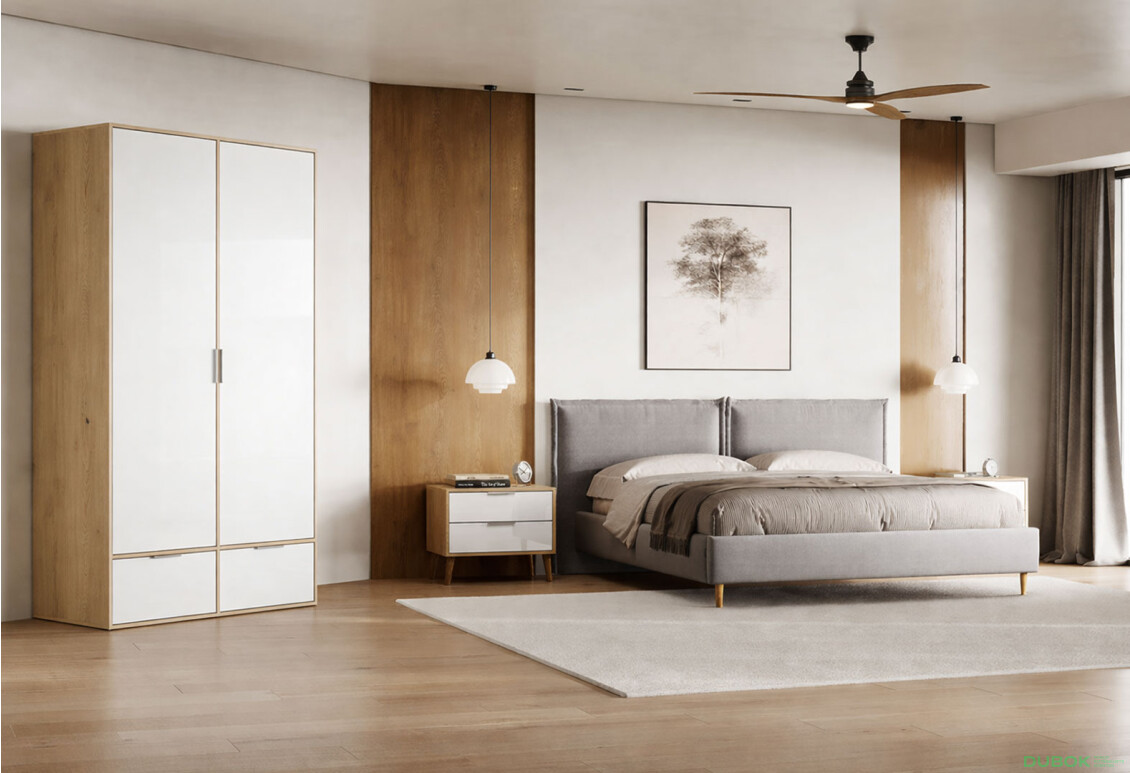 Fotografie 2 - Skříň 2dc 2šx bez zrcadel lesklá bílá / dub cremona Olivia