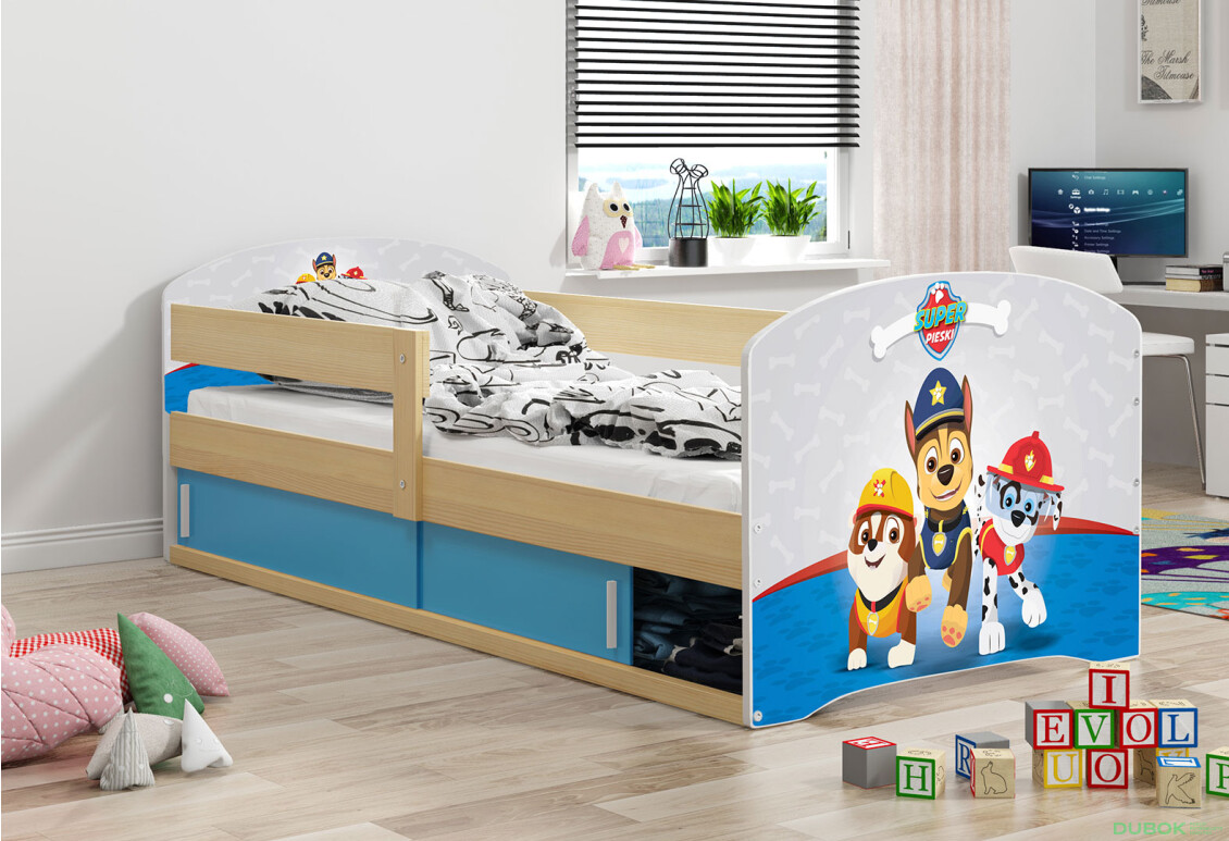 Fotografie 2 - Postel Luki 1 borovice Tlapková patrola 80x160 cm s roštem, matrací