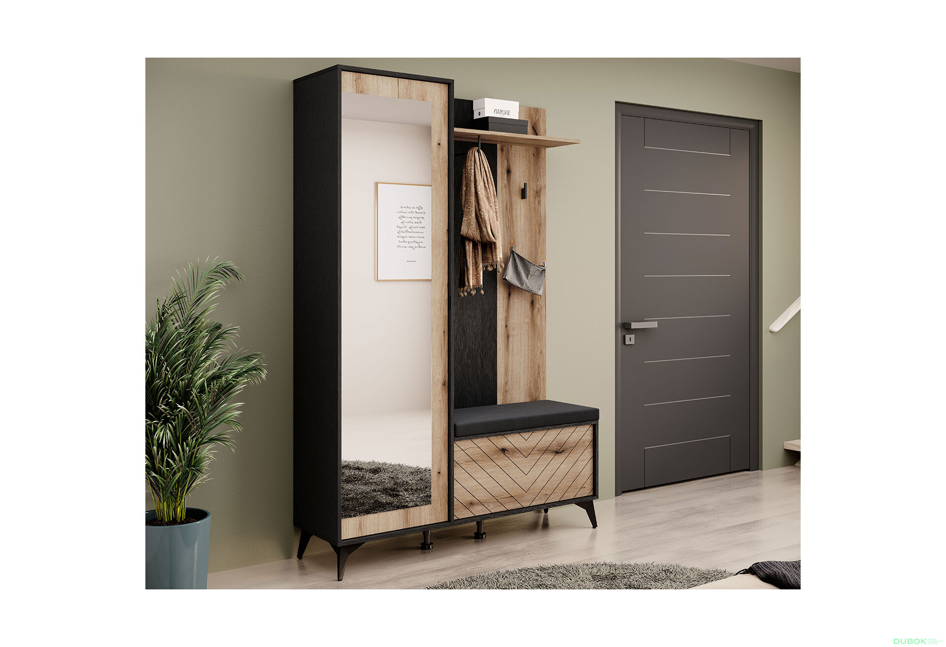 Předsíňová sestava evoke dub / černá U12007 + Polštář Diamond - Fotografie 1 Fotografie 1 - Předsíňová sestava evoke dub / černá U12007 + Polštář Diamond