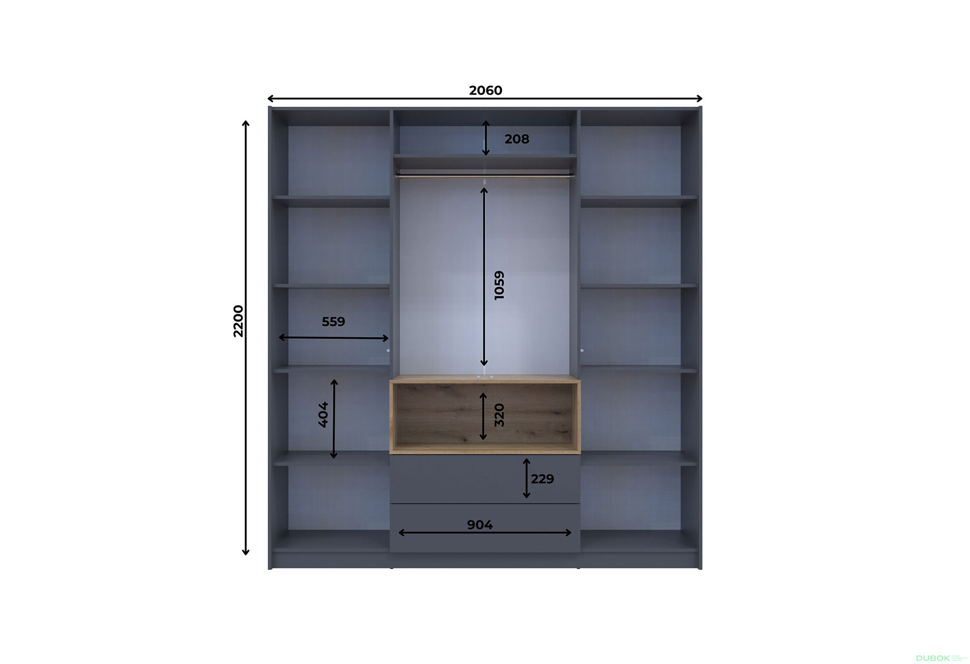 Skříň čtyřdveřová Dale 206x52x220 cm grafit / dub evoke - Fotografie 7 Fotografie 7 - Skříň čtyřdveřová Dale 206x52x220 cm grafit / dub evoke