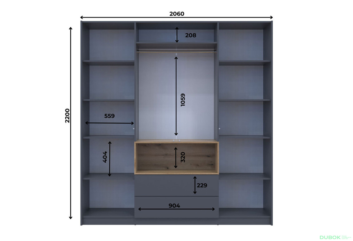 Skříň čtyřdveřová Dale 206x52x220 cm grafit / dub evoke - Fotografie 7 Fotografie 7 - Skříň čtyřdveřová Dale 206x52x220 cm grafit / dub evoke