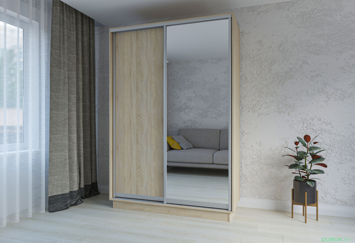 Fotografie 2 - Skříň s posuvnými dveřmi 2200x1400x600 1LTD 1 Zrcadlo dub sonoma, profil stříbrný