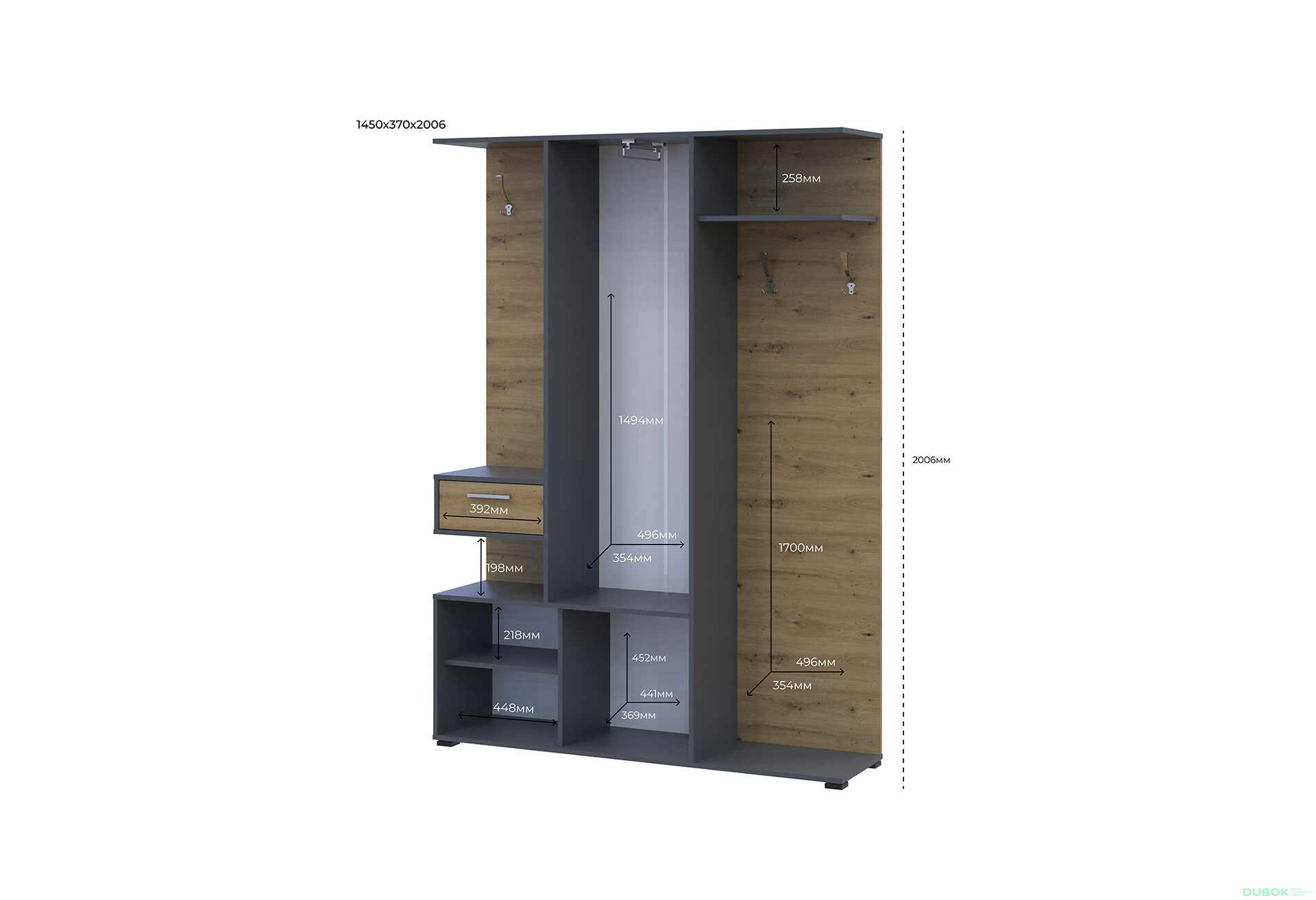 Fotografie 6 - Předsíňová sestava Finch 145 cm Grafit / Dub artisan