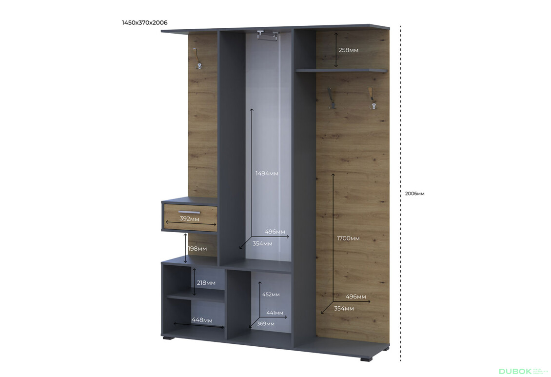 Fotografie 6 - Předsíňová sestava Finch 145 cm Grafit / Dub artisan
