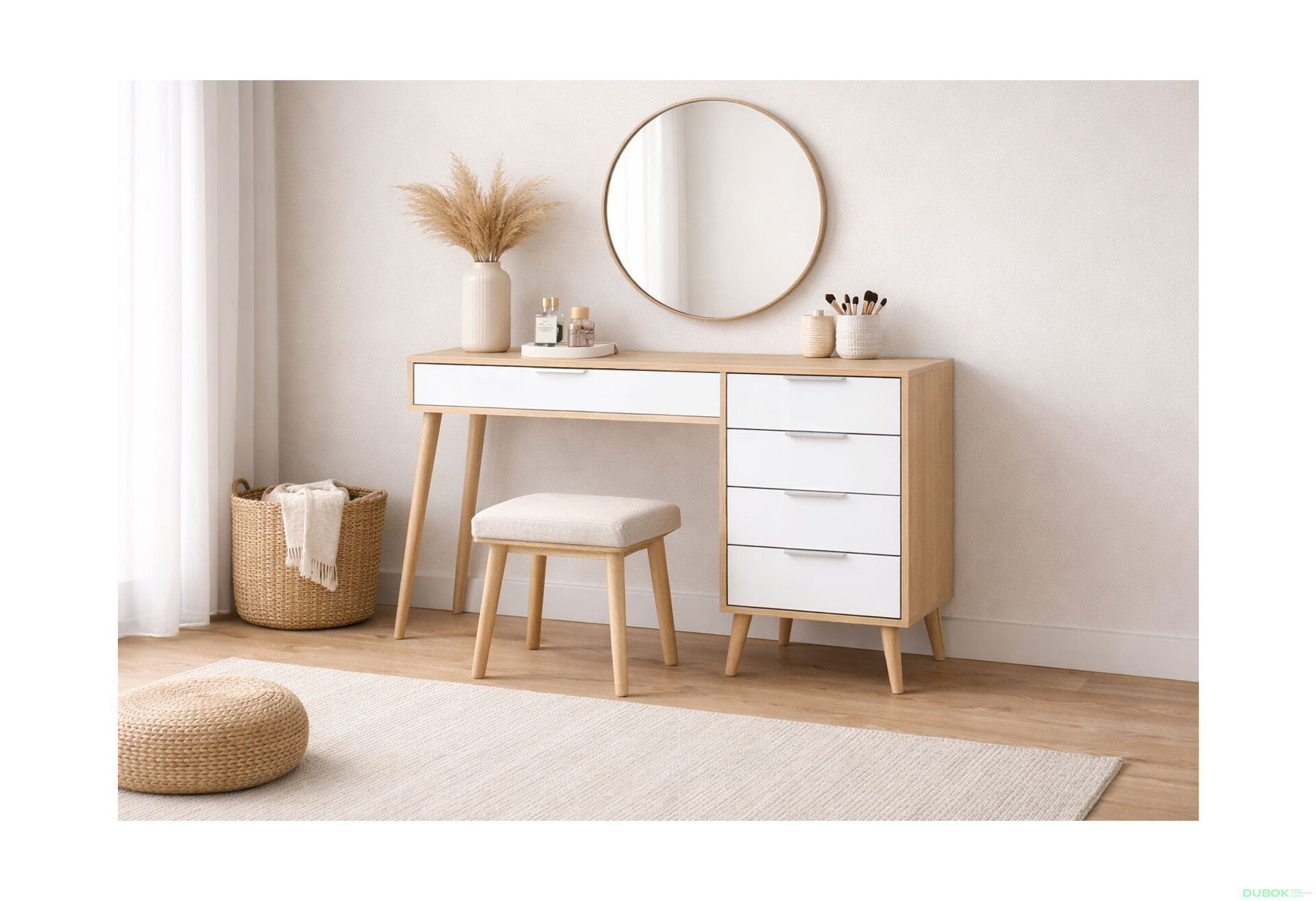 Fotografie 2 - Toaletní stolek 5šx lesklá bílá / dub cremona Olivia