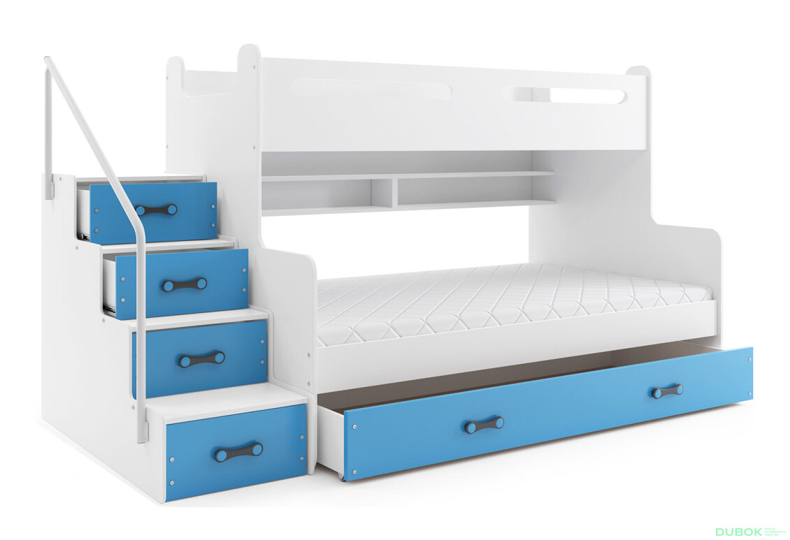 Patrová postel Max 3 bílé / modrý 80x200 / 120x200 + zásuvka, s roštem, matrací