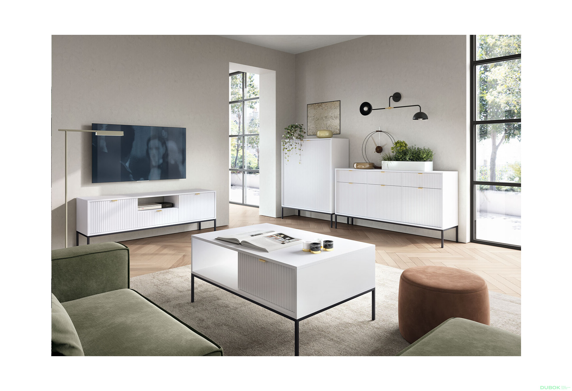 Obývací sestava III bílá Nova Černé nohy / zlatý úchytky - Fotografie 1 Fotografie 1 - Obývací sestava III bílá Nova Černé nohy / zlatý úchytky