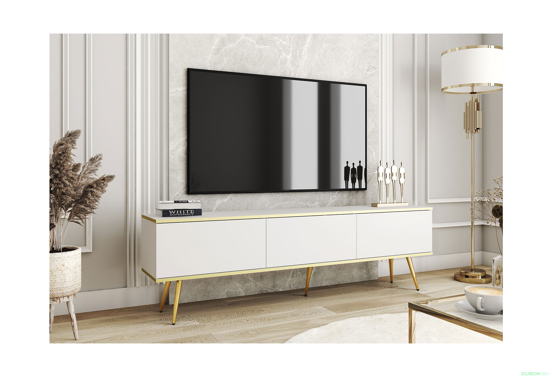 Fotografie 2 - TV stolek RTV 175 bílý, zlaté nohy Oro