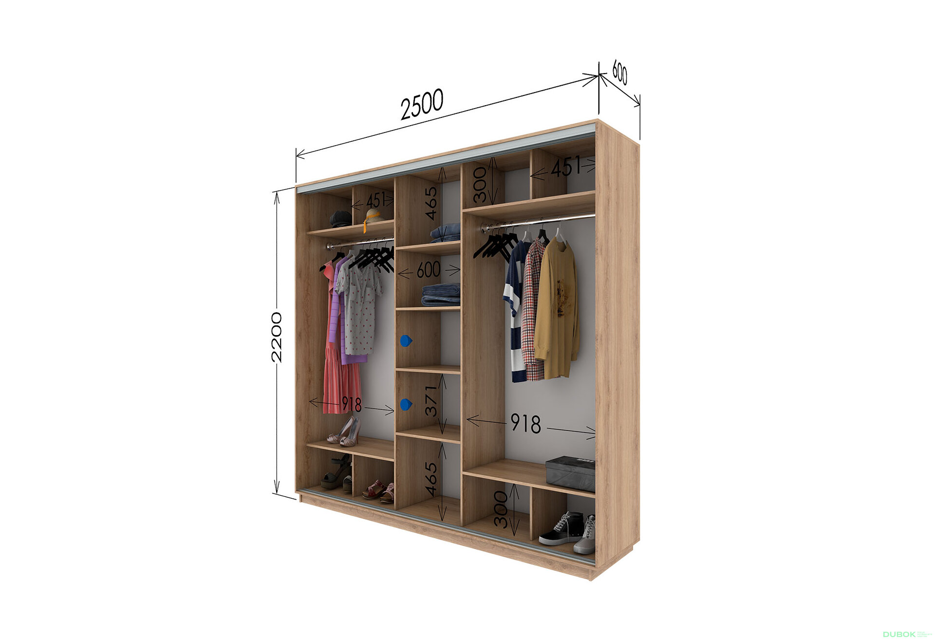 Fotografie 3 - Skříň s posuvnými dveřmi 2200x2500x600 2LTD 1 zrcadlo Dub Sonoma, profil stříbrný