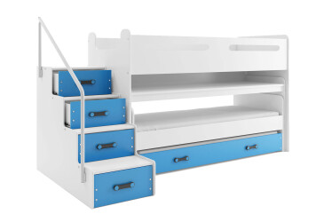 Patrová postel Max 1 pro tři osoby bílé / modrý 80x200 cm s roštem, matrací