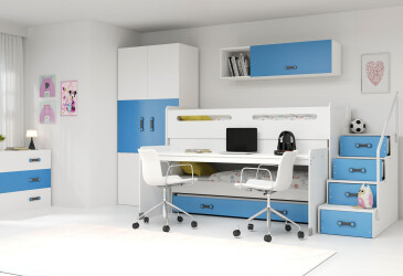 Patrová postel Max 1 pro tři osoby bílé / modrý 80x200 cm s roštem, matrací