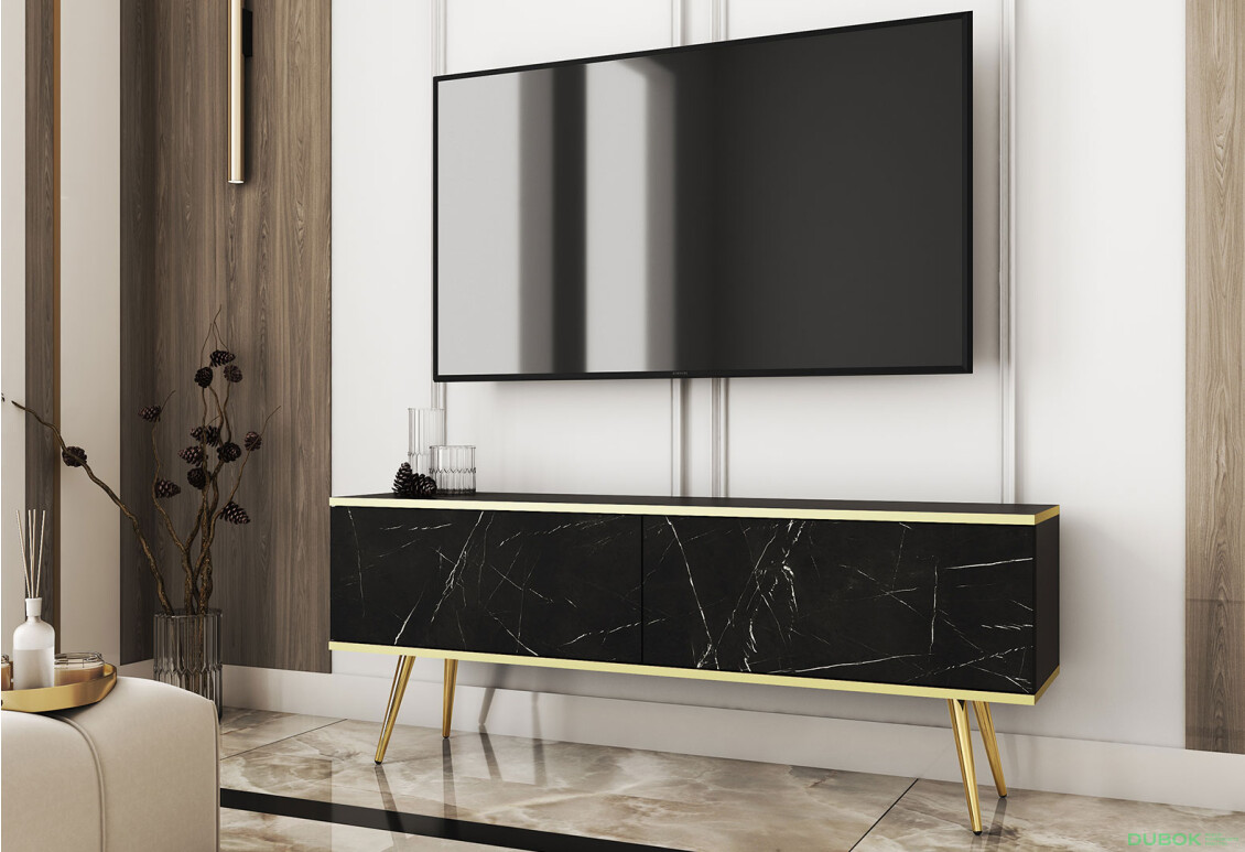 Fotografie 2 - TV stolek RTV 135 černý mramor, zlaté nohy Oro