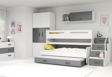 Patrová postel Max 1 pro tři osoby bílé / grafit 80x200 cm s roštem, matrací