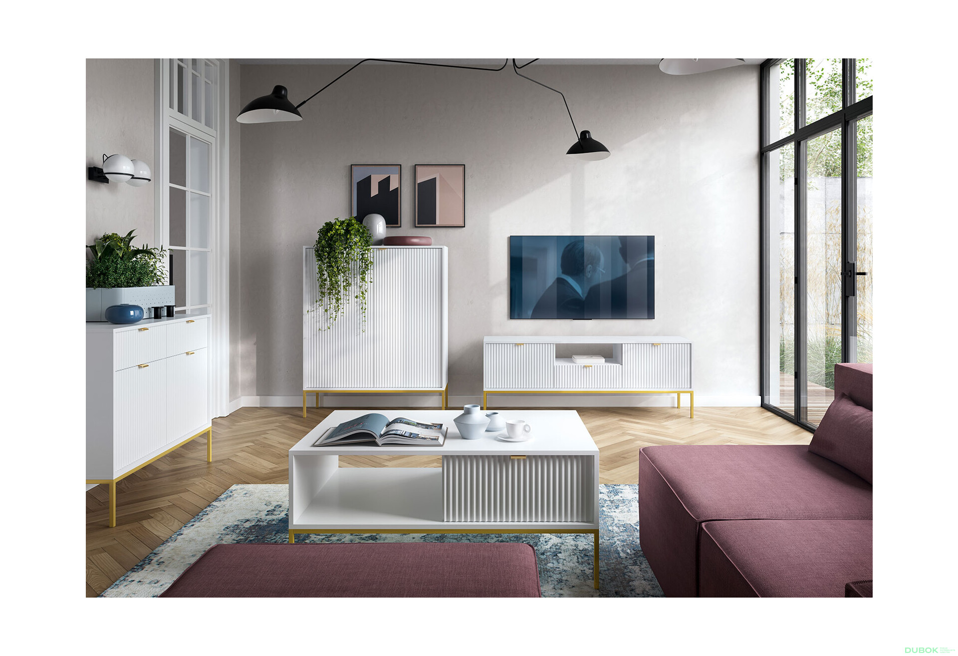 Obývací sestava IV bílá Nova Zlaté nohy / zlatý úchytky - Fotografie 1 Fotografie 1 - Obývací sestava IV bílá Nova Zlaté nohy / zlatý úchytky