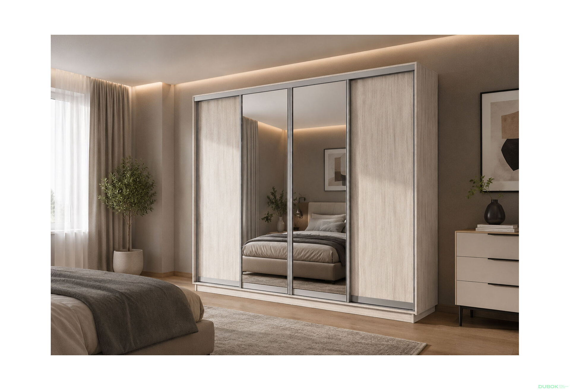 Fotografie 2 - Šatní skříň s posuvnými dveřmi 4D 2800x2300x450 2LTD 2 zrcadla artwood světlý, profil stříbrný