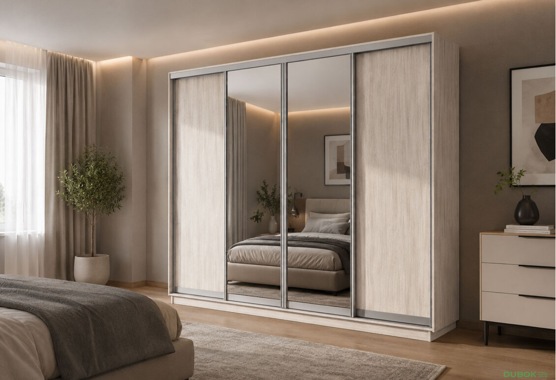 Fotografie 2 - Šatní skříň s posuvnými dveřmi 4D 2800x2300x450 2LTD 2 zrcadla artwood světlý, profil stříbrný
