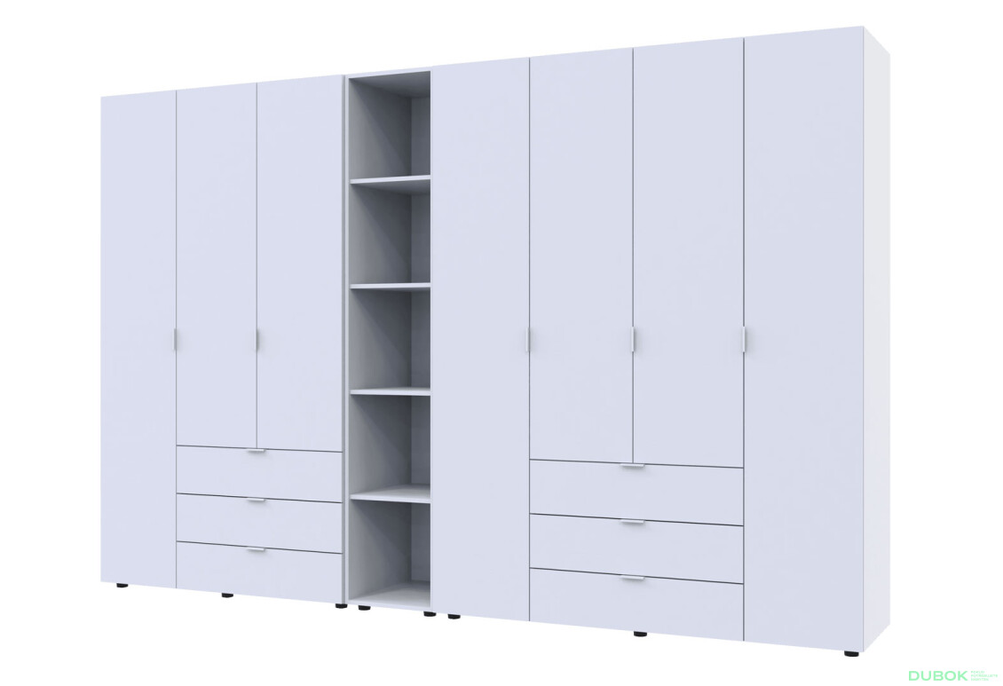 Skříň sedmidveřová s regálem Gelar 309 cm Bílá