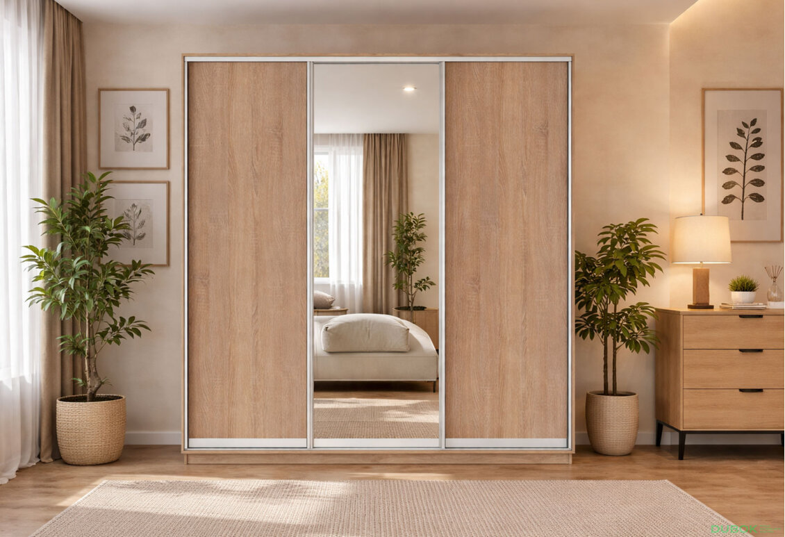 Fotografie 2 - Skříň s posuvnými dveřmi 2400x2700x600 2LTD 1 zrcadlo Dub Sonoma, profil stříbrný